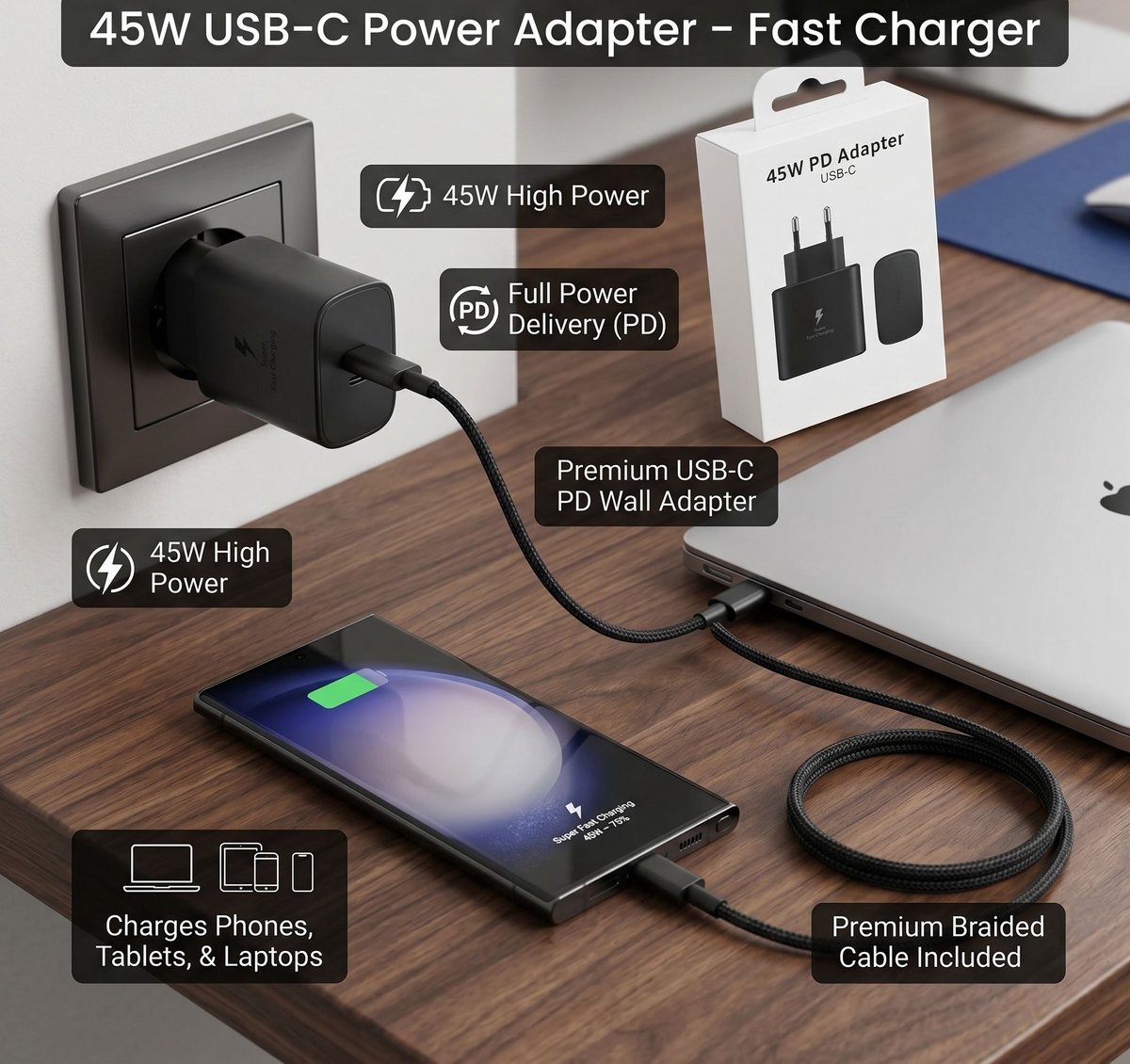 45W PD Adapter USB-C- zonder kabel