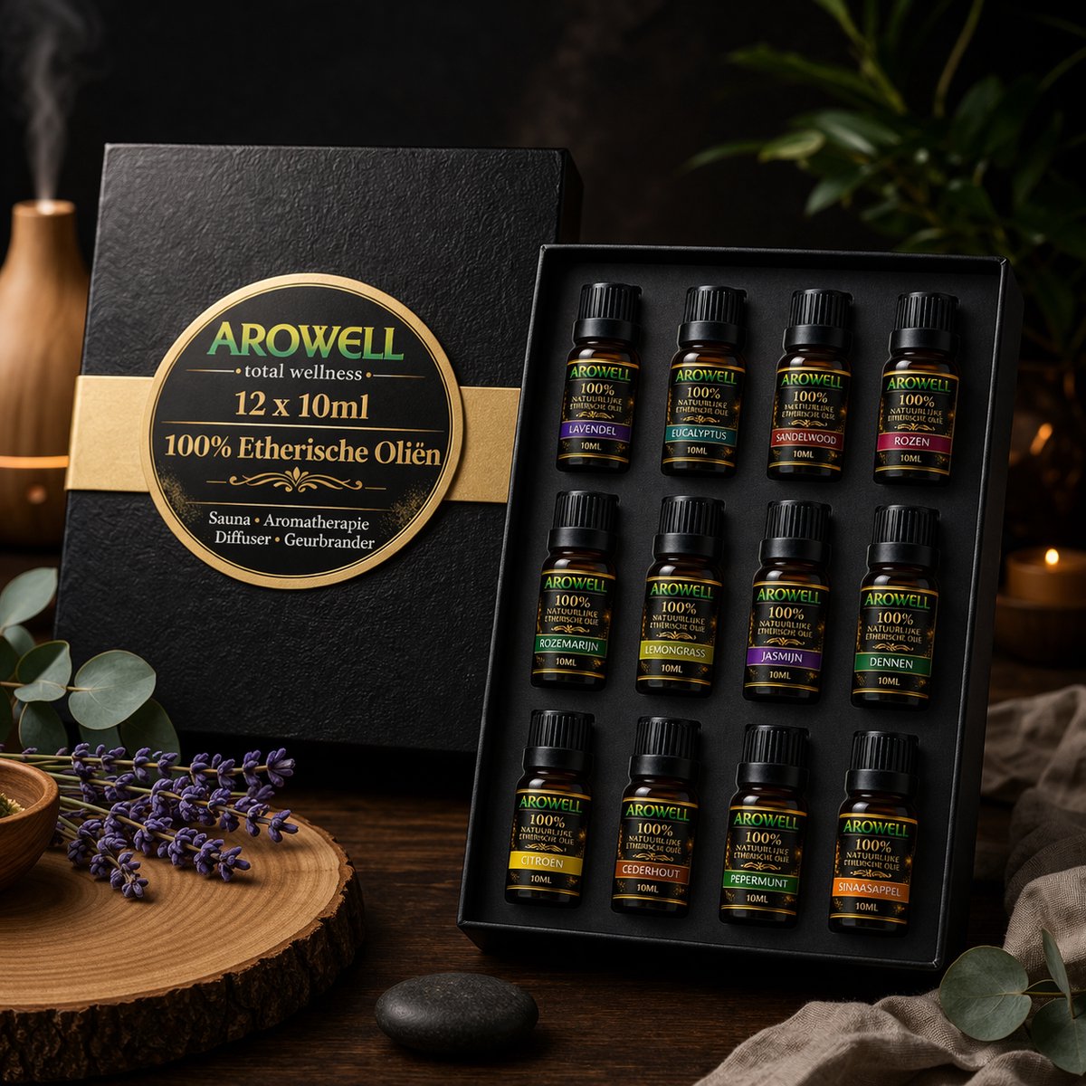 Arowell 100% Natuurlijke Etherische Oliën Set – 12 x 10 ml – Luxe Geschenkverpakking – Voor Sauna, Aromatherapie, Diffuser en Geurbrander