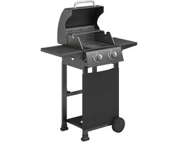 Gasbarbecue - Gasbarbecue en grill - 2 Branders - 5,4 kW - Grillwagen - met Grillrooster, Wielen, Inklapbaar Bijzettafels, Drukregelaar, Slangen, Thermometer en Warmhoudplaten - 95 x 53 x 111.5 cm - Zwart