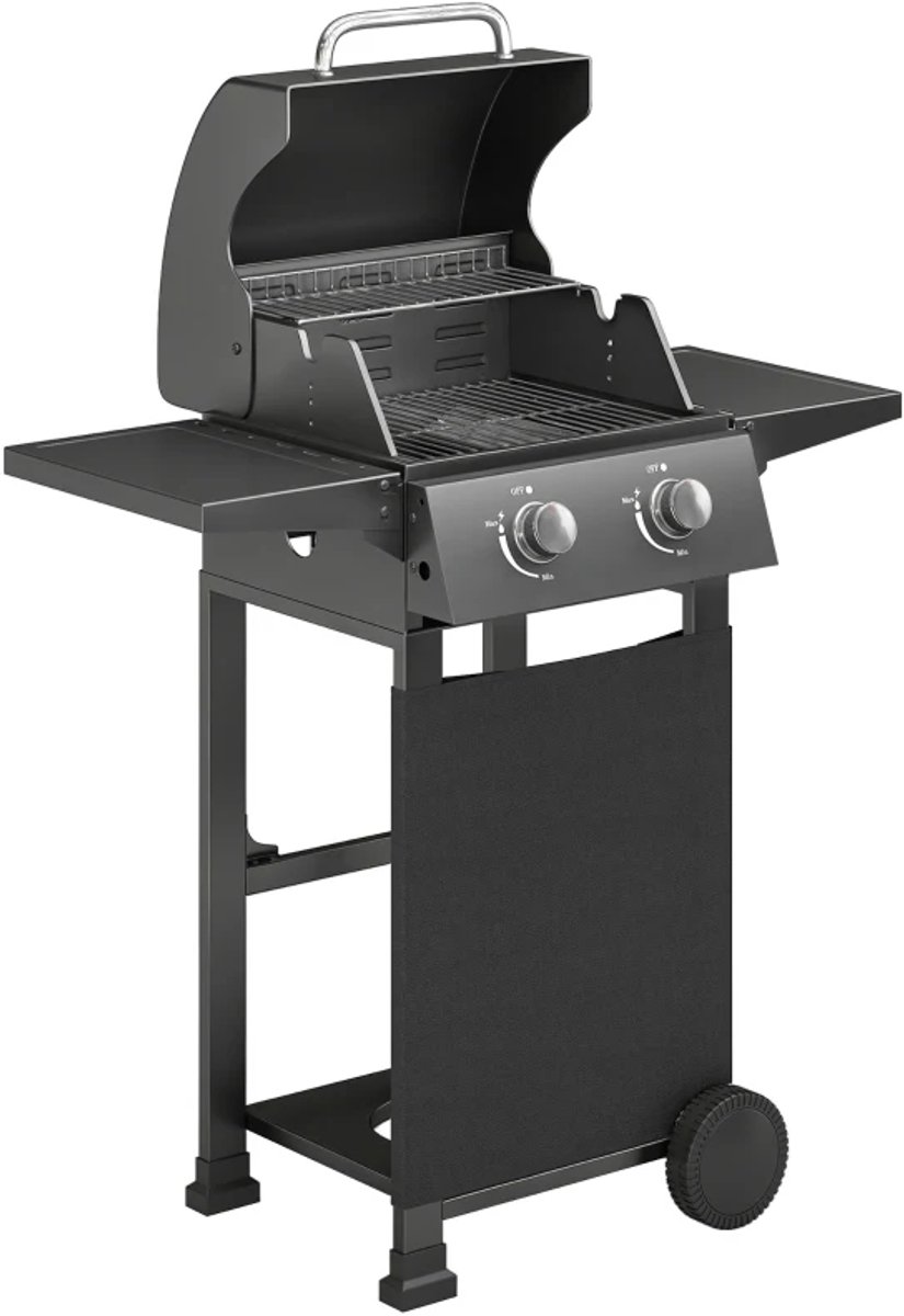 Gasbarbecue - Gasbarbecue en grill - 2 Branders - 5,4 kW - Grillwagen - met Grillrooster, Wielen, Inklapbaar Bijzettafels, Drukregelaar, Slangen, Thermometer en Warmhoudplaten - 95 x 53 x 111.5 cm - Zwart
