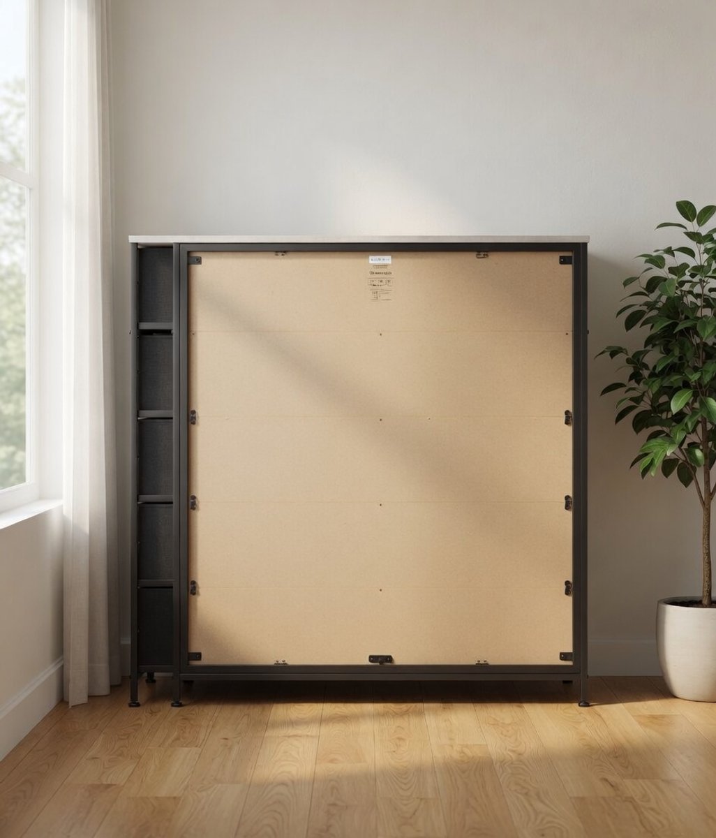 Stoffen commode, kaptafel kast, opbergkast, 12 stoffen laden, metalen frame, industriële stijl, voor woonkamer, hal, slaapkamer (donkergrijs)-Mobili Bella
