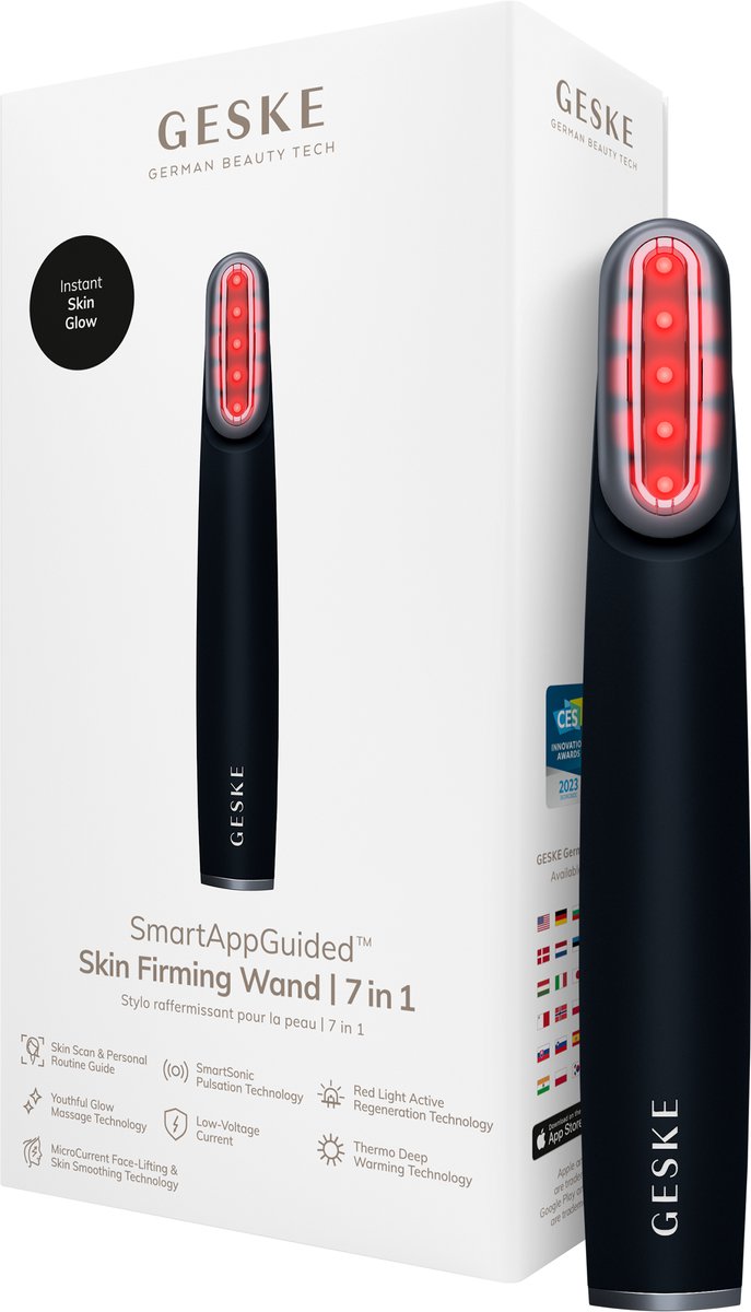 GESKE Skin Firming Wand | 7 in 1 | Anti-aging | MicroCurrent Facelift | Huidverzorgingstool | Rimpels verwijderen | Gezichtsversteviger | Rode ledtechnologie | Draaibare kop