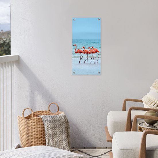 Affiche de jardin Quatre flamants roses marchant dans l'eau - 30x60 cm