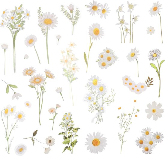 Set van 12 Bloemen Stickers – Decoratieve Madeliefjes – Transparante Film – Vintage Look – Waterbestendig – DIY Knutselmaterialen – Album Versiering – Cadeau Inpakken – Handlettering Accessoires