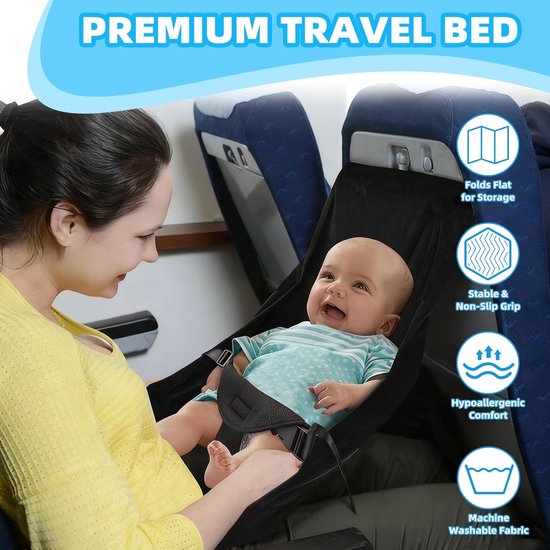 Vliegtuigbedje - Babybedje - Verstelbaar - Wasbaar - comfortabele hangstoel - Compact En Draagbaar - Ideaal Voor Vliegtuigen En Auto's - 75 x 40 cm - voor baby's om te slapen en te rusten - reisbenodigdheden voor baby's - Zwart — afbeelding 3