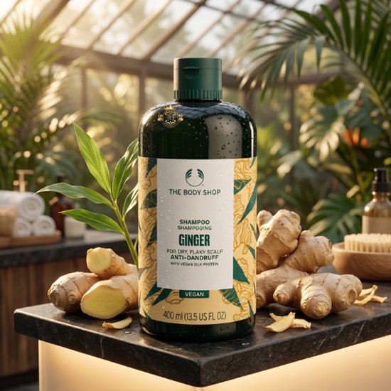 Bouteille vert foncé de Shampoing Gingembre The Body Shop, entourée de racines de gingembre et de plantes. Shampoing anti-pelliculaire pour cuir chevelu sec et squameux.