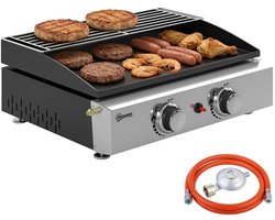 Gasgrill - Gasbarbecue met 2 Branders - Draagbare Gasbarbecue en grill - 5 kW - Grillwagen - Tafelgrill - met Keramische Coating, Grillrooster & Warmhoudrek - 51,5 x 44 x 21 cm - Zwart
