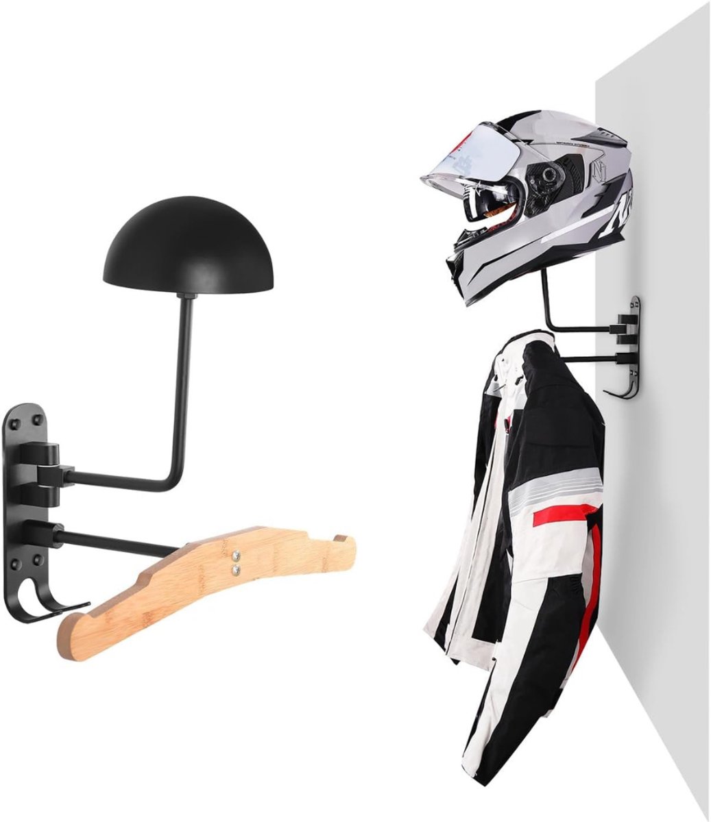 VIN® Helmhouder - Helm Houder - Helm Kapstok - Helm Standaard - Motorhelm Steun – Wandsteun Ophangsysteem – Met Kapstok voor Moterjas - Zwart
