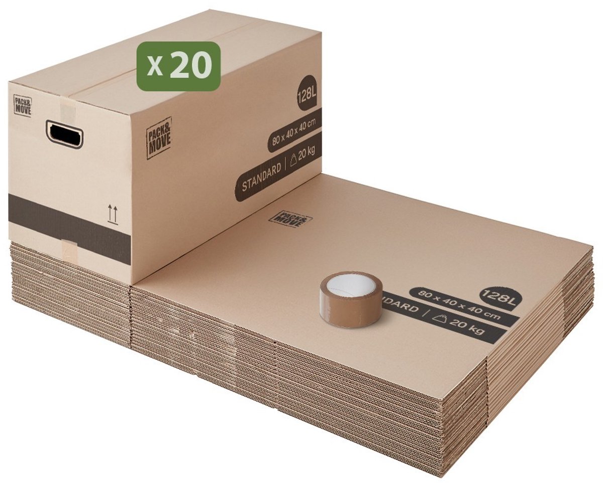 Pack and Move - Set 20 verhuisdozen XL - 80 x 40 x 40 cm - Versterkte handgrepen - 1 tape gratis