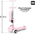 Roze step met grijze zitting. Stuur in hoogte verstelbaar van 65-81 cm in 3 standen.
