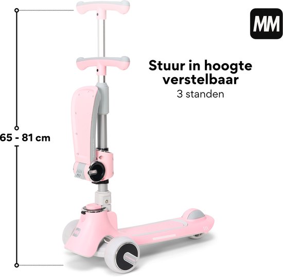 Roze step met grijze zitting. Stuur in hoogte verstelbaar van 65-81 cm in 3 standen.