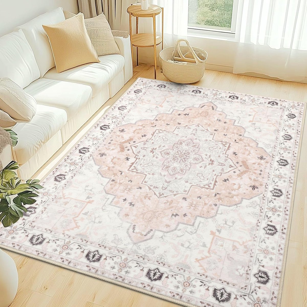 Olanly Woonkamerkleed - Zacht Bloemmotief Tapijt - Machinewasbaar Vintage Tapijt - 183x275 cm - Rechthoekig - Lichtroze