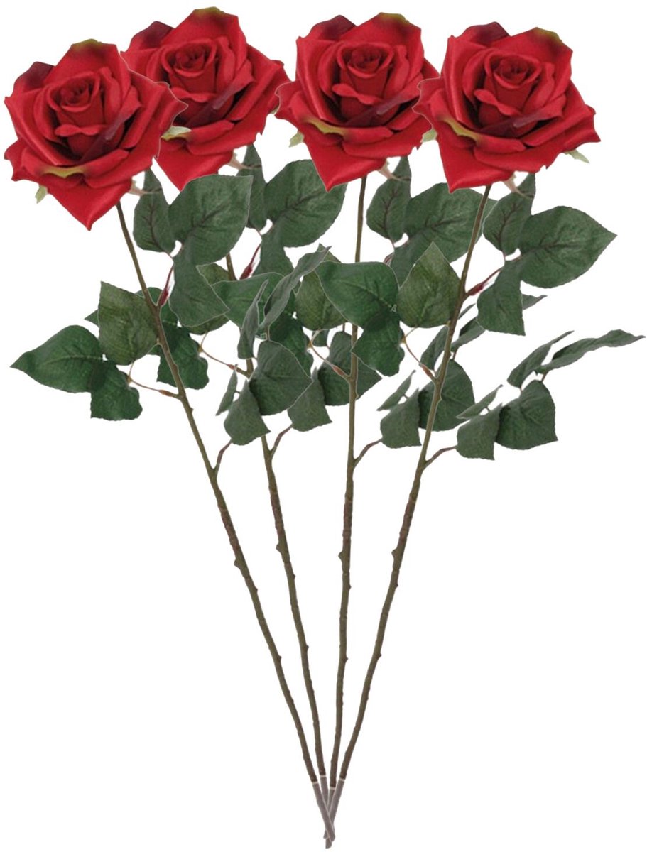 Mica Decorations Kunstbloemen Roos Amore - 4x - 66 cm - rood - zijdebloemen - boeket - rozen