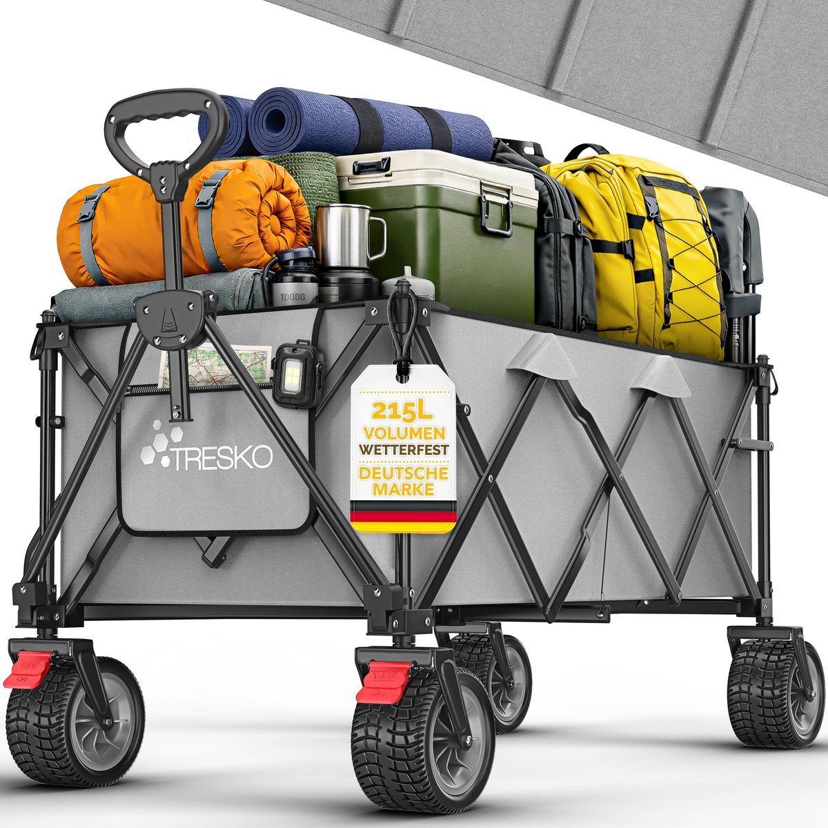 TRESKO® Bolderwagen opvouwbaar 215L met rem | Handwagen inklapbaar 150kg incl. massief rubberen banden | Opvouwbare strandwagen extra brede all-terrain wielen | Transportwagen met draagtas