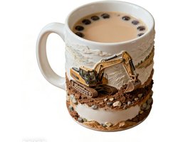 Keramische Koffiemok - Graafmachine Mok - Drinken Thuis - Draaibare Arm - 330 ml - Enkel Kenmerk