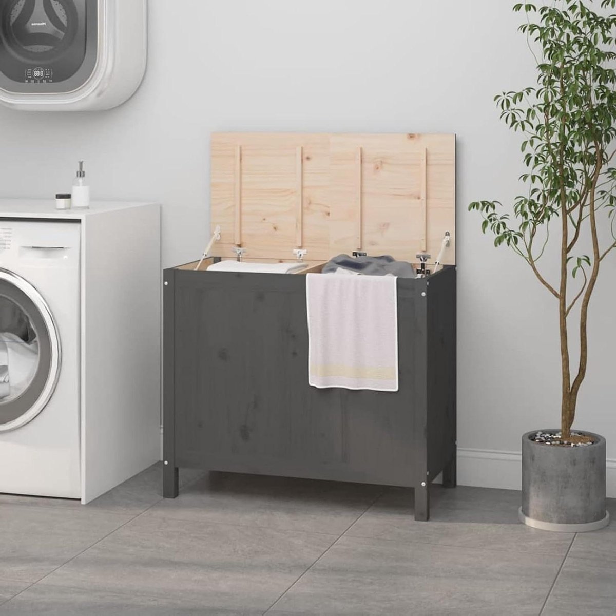 Wasmand Grenenhout - Opberger Bank - Wassen Sorteren - Hydraulisch Deksel - 88x44x76 cm - Grijs