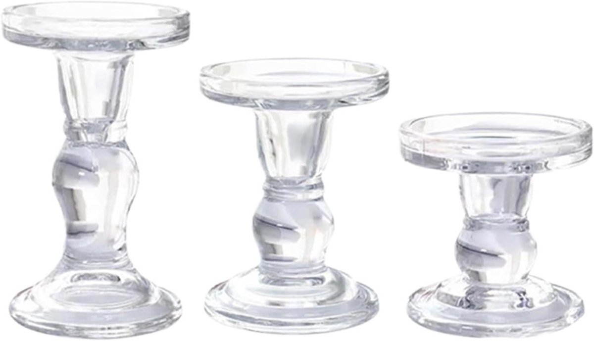 Glazen Kandelaars Set - Tafel Decoratie - Sfeerverlichting Creëren - Verzwaarde Stabiele Basis - 3 Delige Set - Transparant