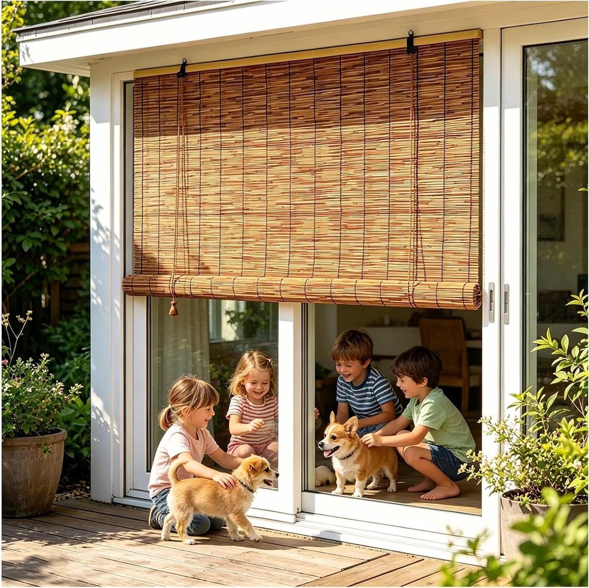 Rieten Rolgordijn - Bamboe Vouwgordijn - Privacy Buiten - Gecarboniseerd Riet - 150x80cm -