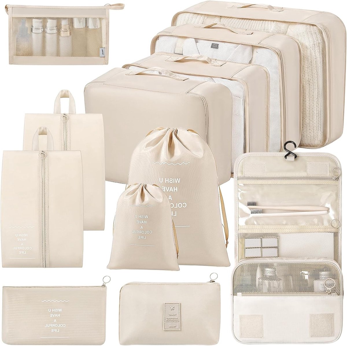 Organizer Set voor Koffers - 12 Stuks Beige, Ideaal voor Efficiënt Inpakken, Reisaccessoires en Kofferindeling