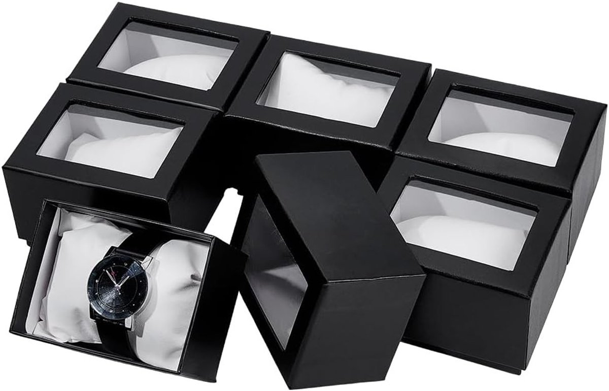 6 Pack Papier Horloge Geschenkdozen met PVC Venster voor Sieraden, Armbanden en Horloge Opslag, Zwart en Rechthoekig Design