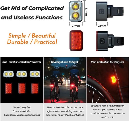 Fietsverlichting Set voor Trek Ticket S 2021 – USB Oplaadbare Voor- en Achterlamp, Waterdichte Fietslampen voor Nachtfietsen en Stads- / MTB-fietsen, C front + back — afbeelding 5