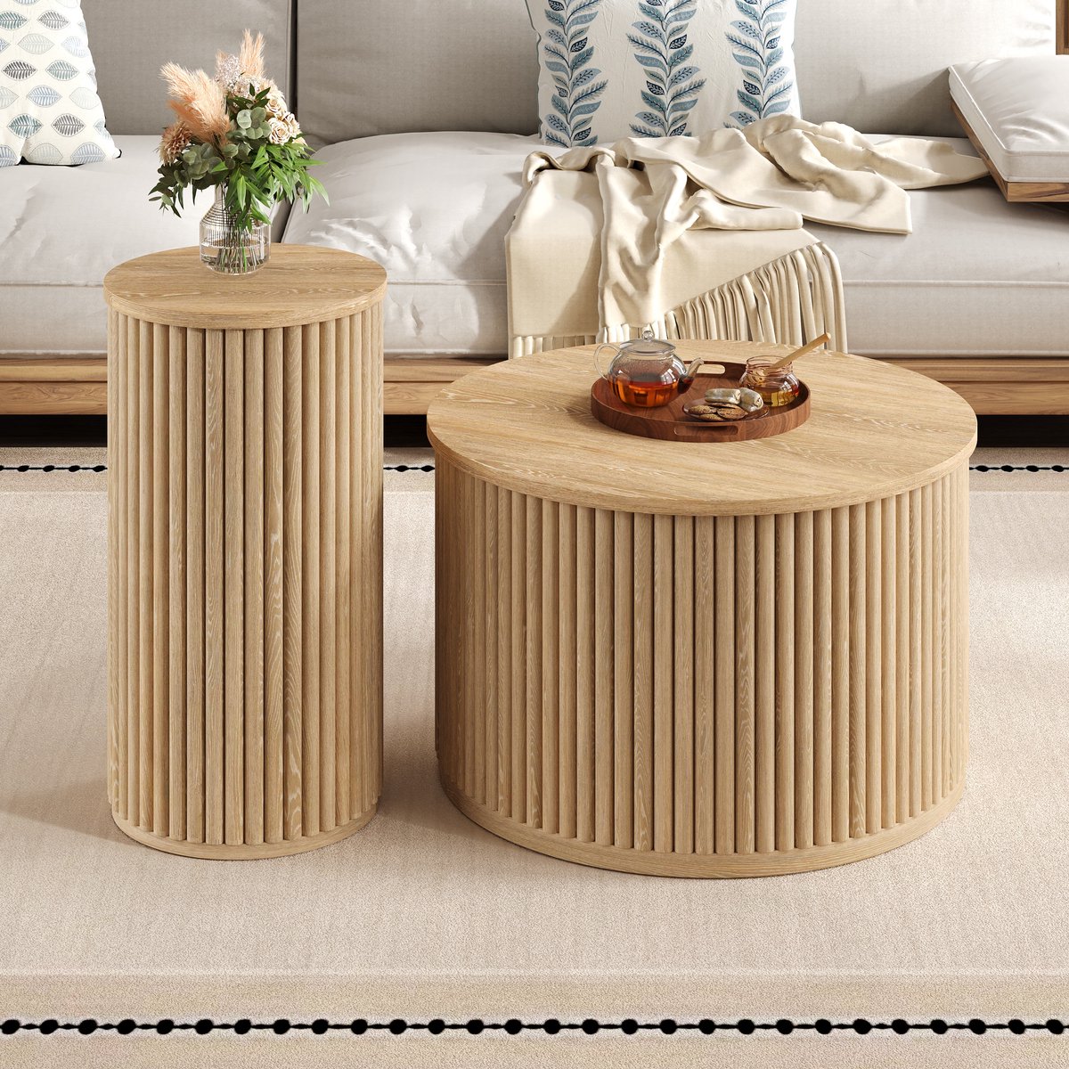 VVBV Ronde Salontafel Set van 2, Moderne Bijzettafel met Verticale Latten, Multifunctioneel, Naturel
