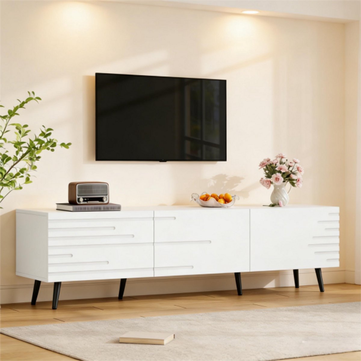 MODENUIT Tv-Meubel - 3 Klepdeuren En Grote Opbergruimte - Voor Woonkamer En Tv Tot 80 Inch - MDF - 180x40x48 Cm - Wit