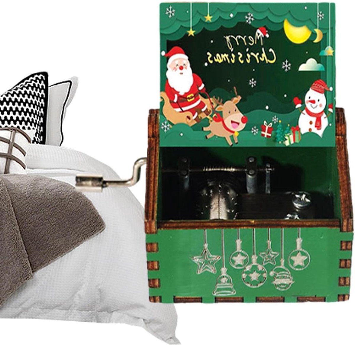 Muziekdoos Hout - Vintage Doosje - Feestelijke Sfeer - Handzwengel Melodie - 64 cm - Houtkleur
