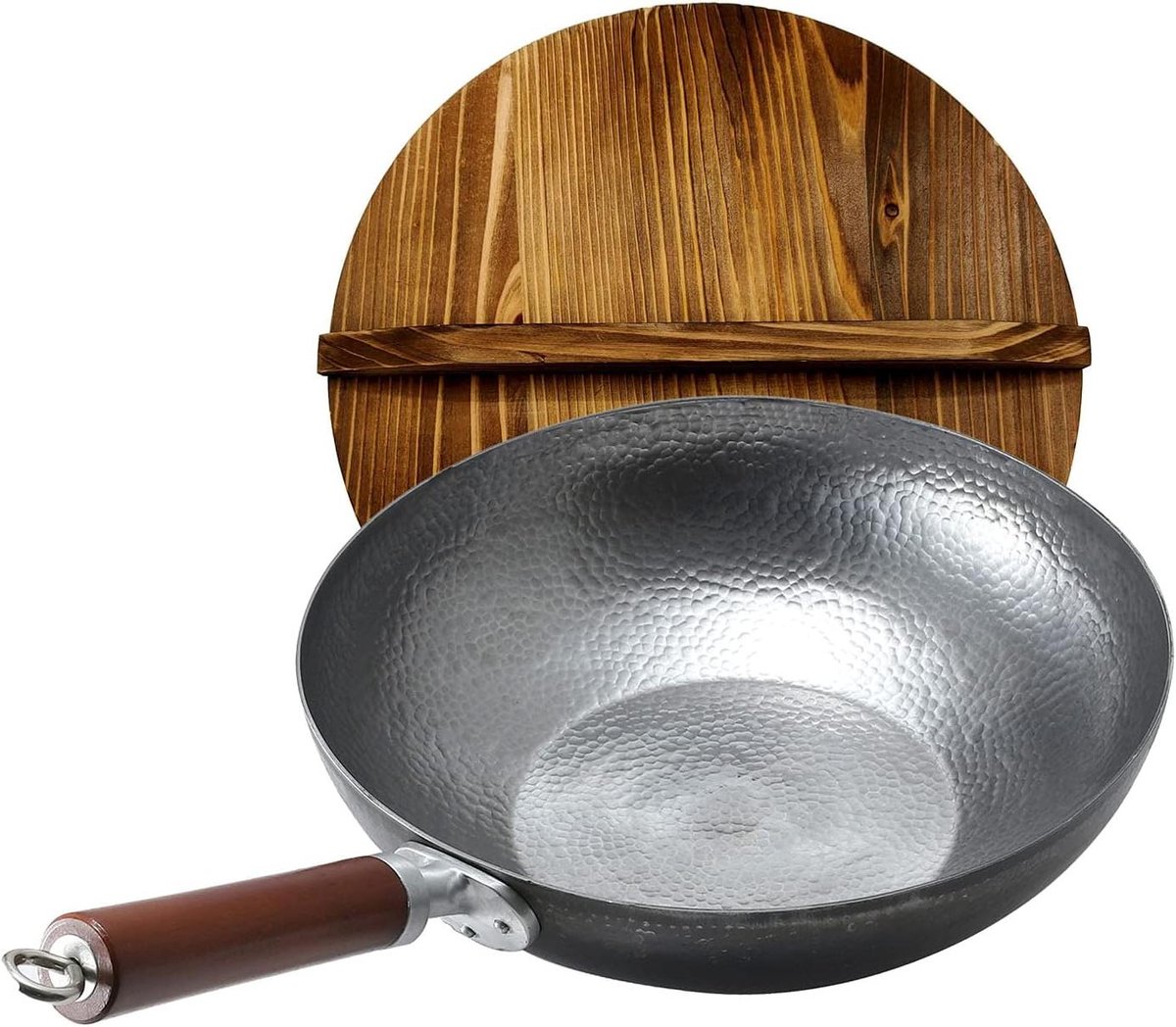 Koolstofstalen Wok - Platte bodem pan - Aziatisch koken - Handgehamerd design - 32 cm - Zwart