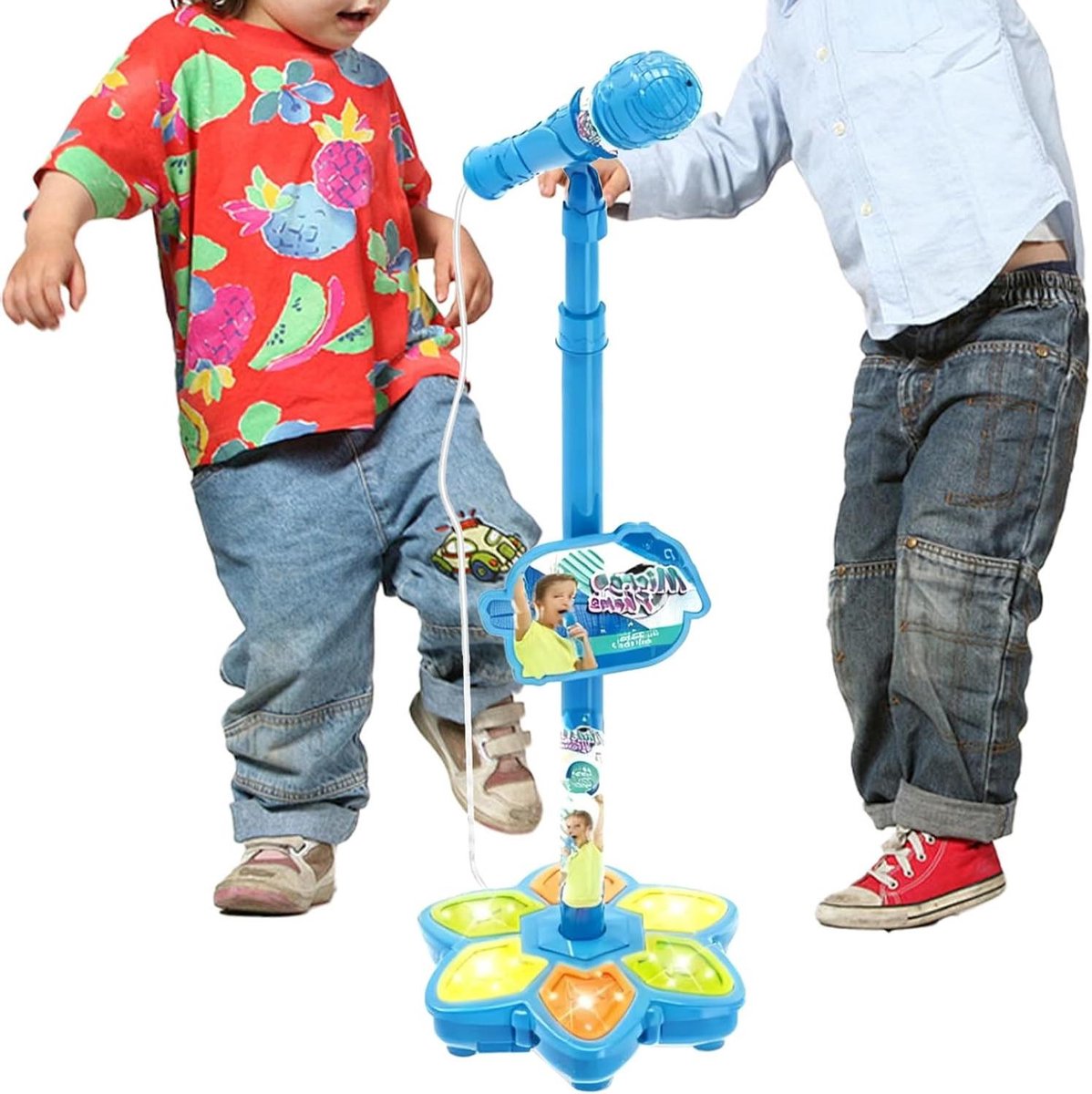Speelgoed microfoon - Karaokemachine kinderen - Muziekplezier stimuleren - Kleurrijke lichtstandaard - 100x21cm - Blauw