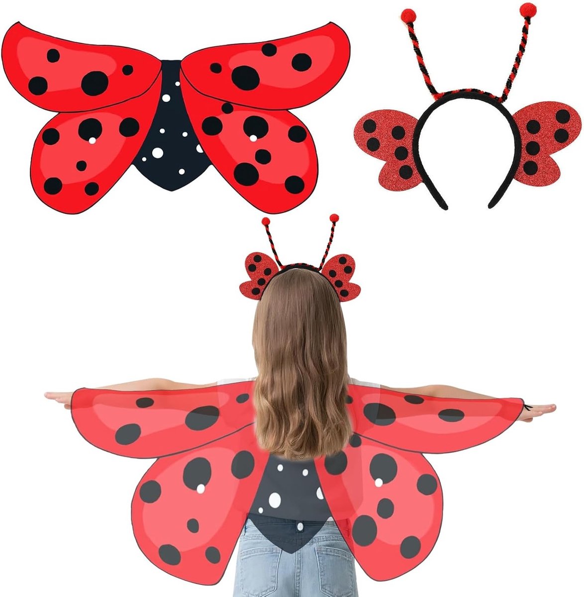 Meisjesjurk met 2 Stukken en Accessoires voor Kinderen - Lieveheersbeestje Kostuum met Vleugels en Hoofdband voor 3-8 Jaar Oude Kinderen