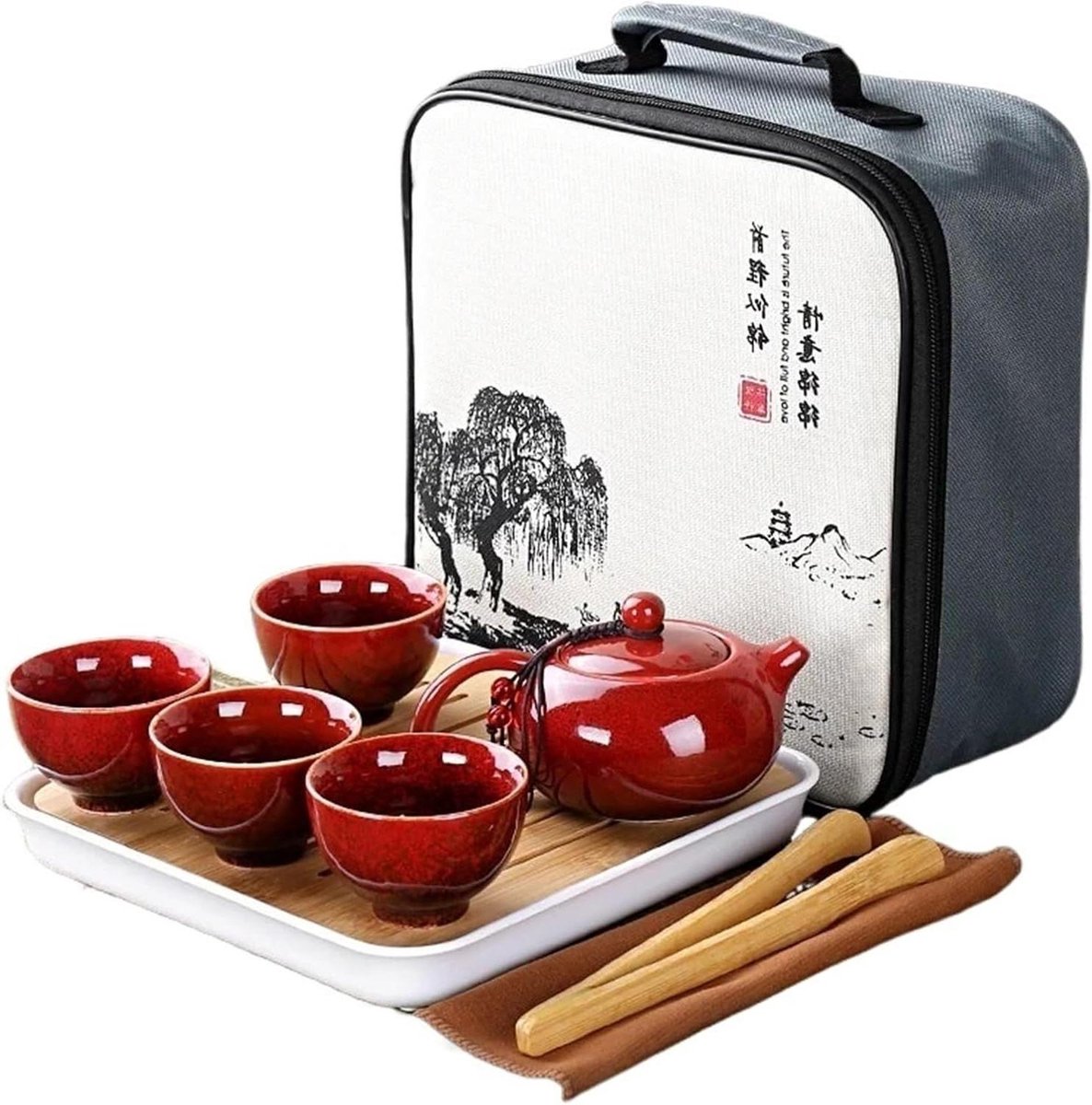 Theeset met tas - Kung Fu servies - Thee moment creëren - Draagbaar ontwerp - 4 kopjes - Rood