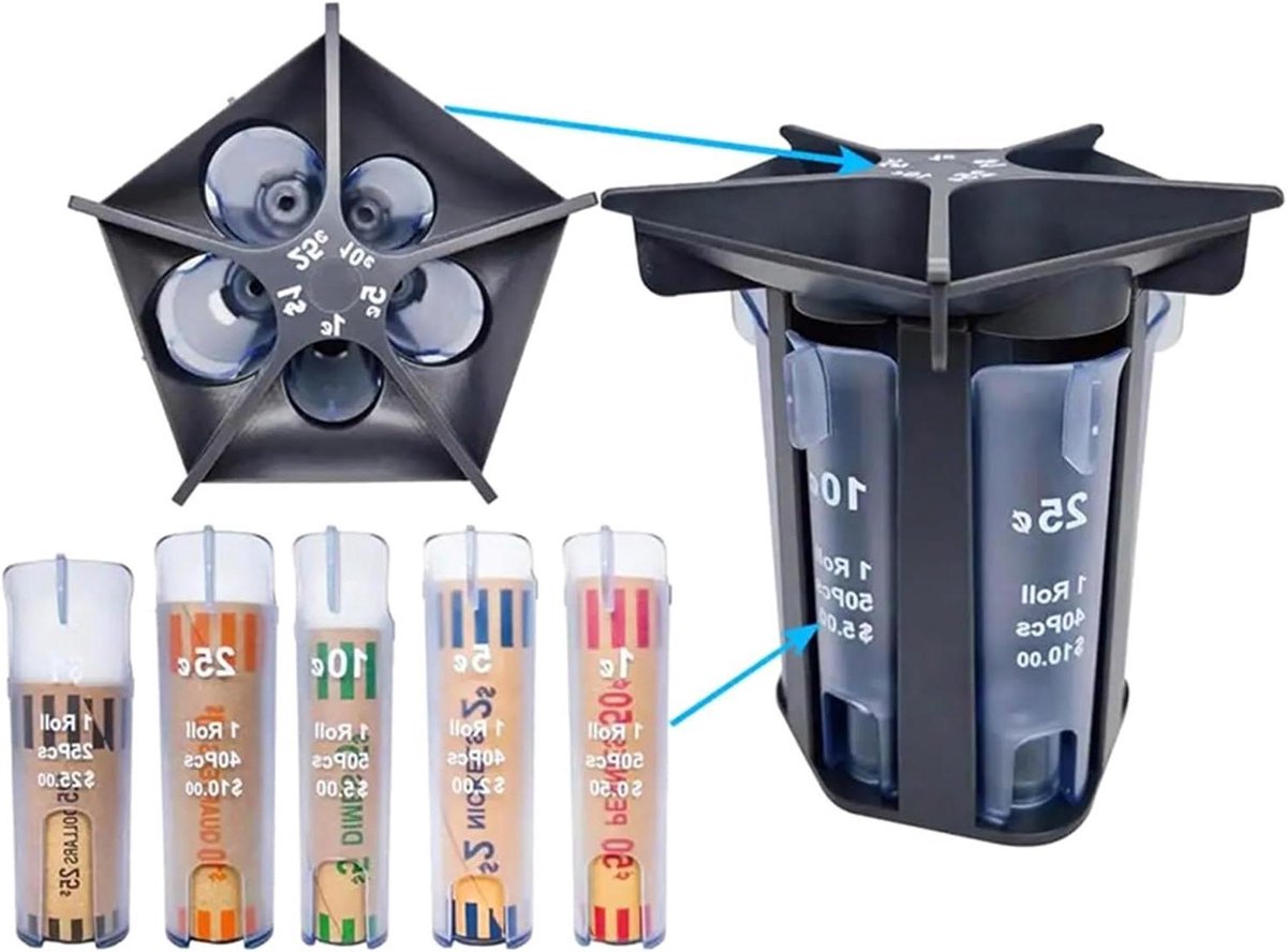 Geldteller Organizer - Munt Sorteerder - Munten Snel Tellen - 5-in-1 Sorteerbuizen - 12x13 cm - Zwart