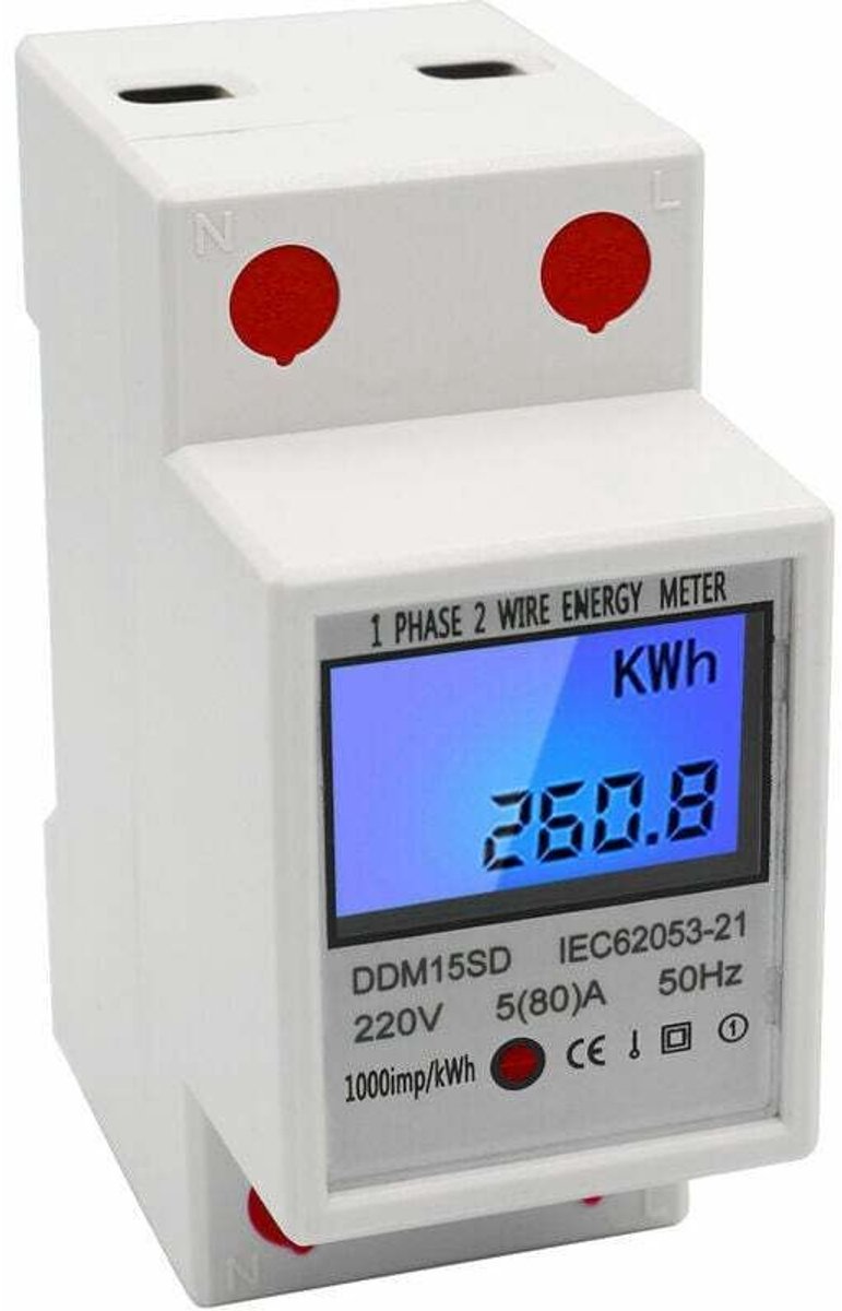 Eenfasige DIN-rail type 5-80A 220V 50Hz elektronische kilowattuurmeter met verlicht LCD-digitaal display DDM15SD, wit.
