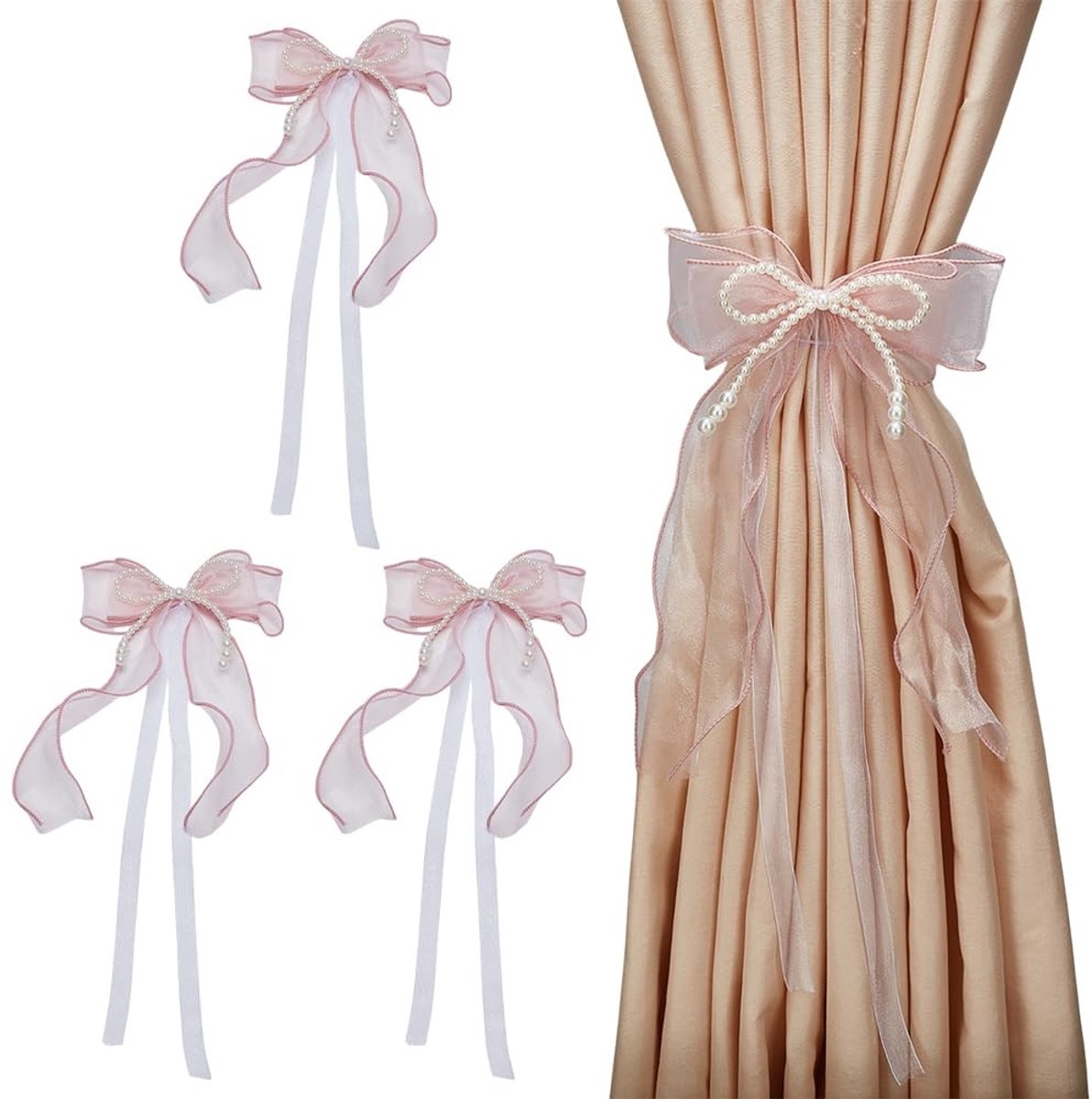 Dailygoods - 4 Stuks Strik Gordijnbanden met Parels Mistige Roze