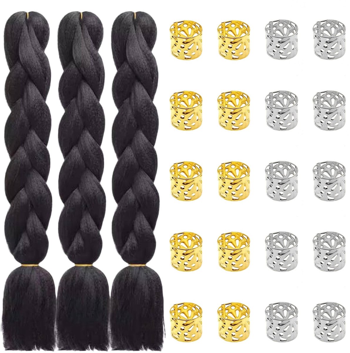 Dailygoods - Braids Extensions Set met 3 Vlechten en Haarsieraden