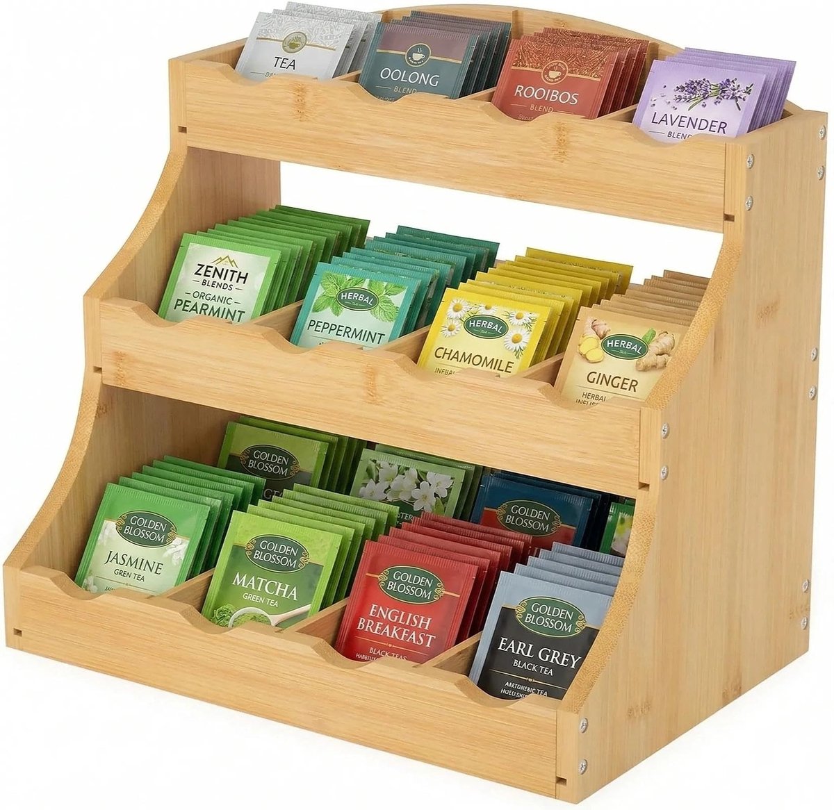 Dailygoods - Bamboe Theezakjesorganizer met 12 Vakken voor Keuken en Kantoor