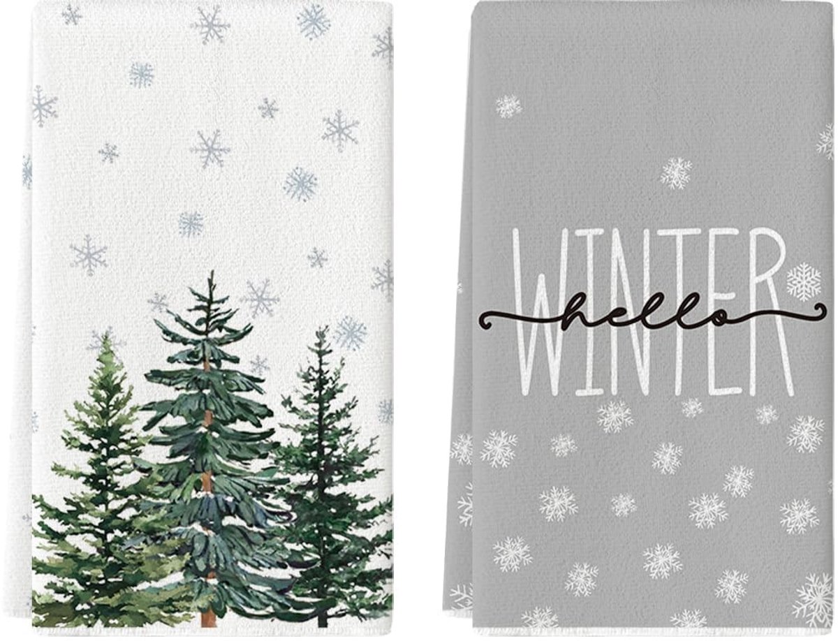 Dailygoods - Set van 2 Kerst Keukendoeken met Dennenbomen en Sneeuwvlokken
