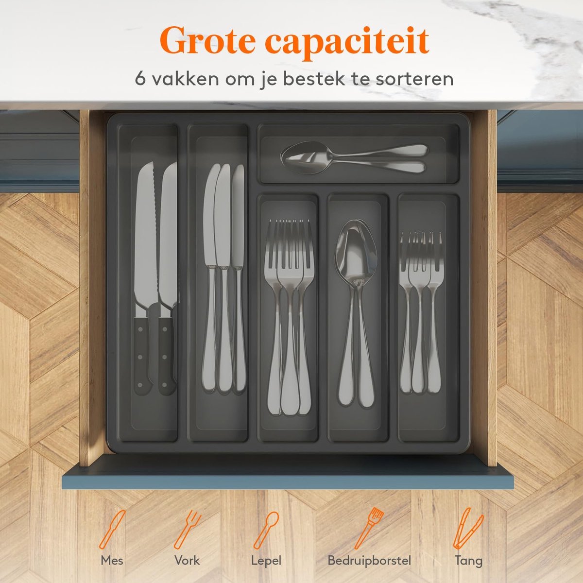 Dailygoods - Besteklade met Deksel voor Keukenla, 6 Compartimenten, Zwart