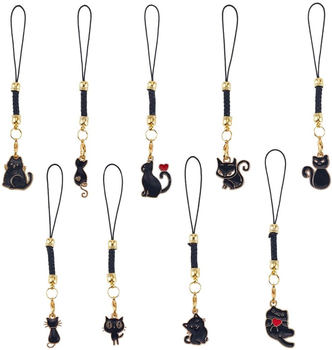 Dailygoods - Set van 18 Zwarte Kat Telefoon Charms voor Mobiele Telefoons