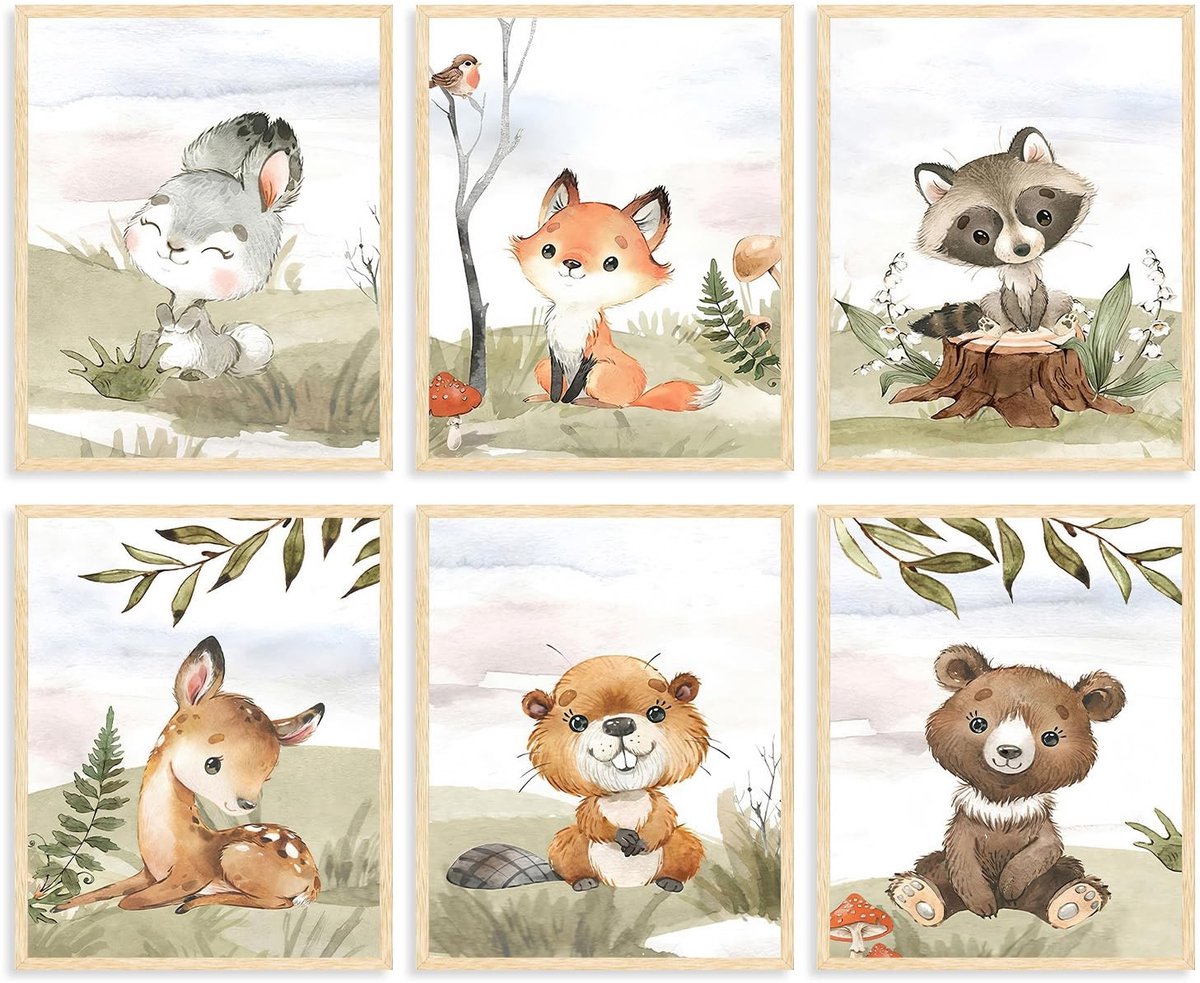 Dailygoods - Set van 6 Schattige Dieren Posters voor Kinderkamers