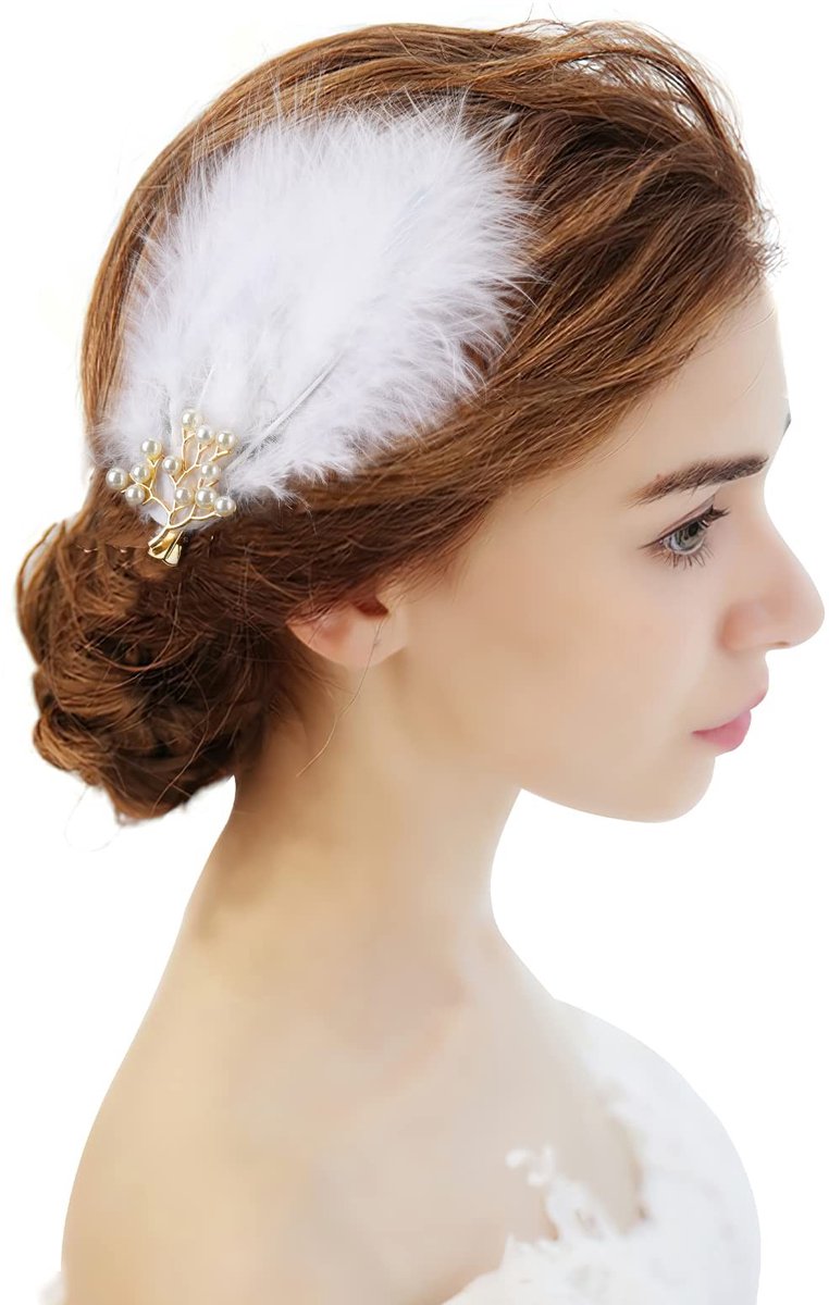 Dailygoods - Dailygoody - Witte veer haarspelden - Elegante hoofdtooi - Handgemaakt - Bruiloft en Halloween - Parelveren - Geschikt voor vrouwen en meisjes - 2 stuk