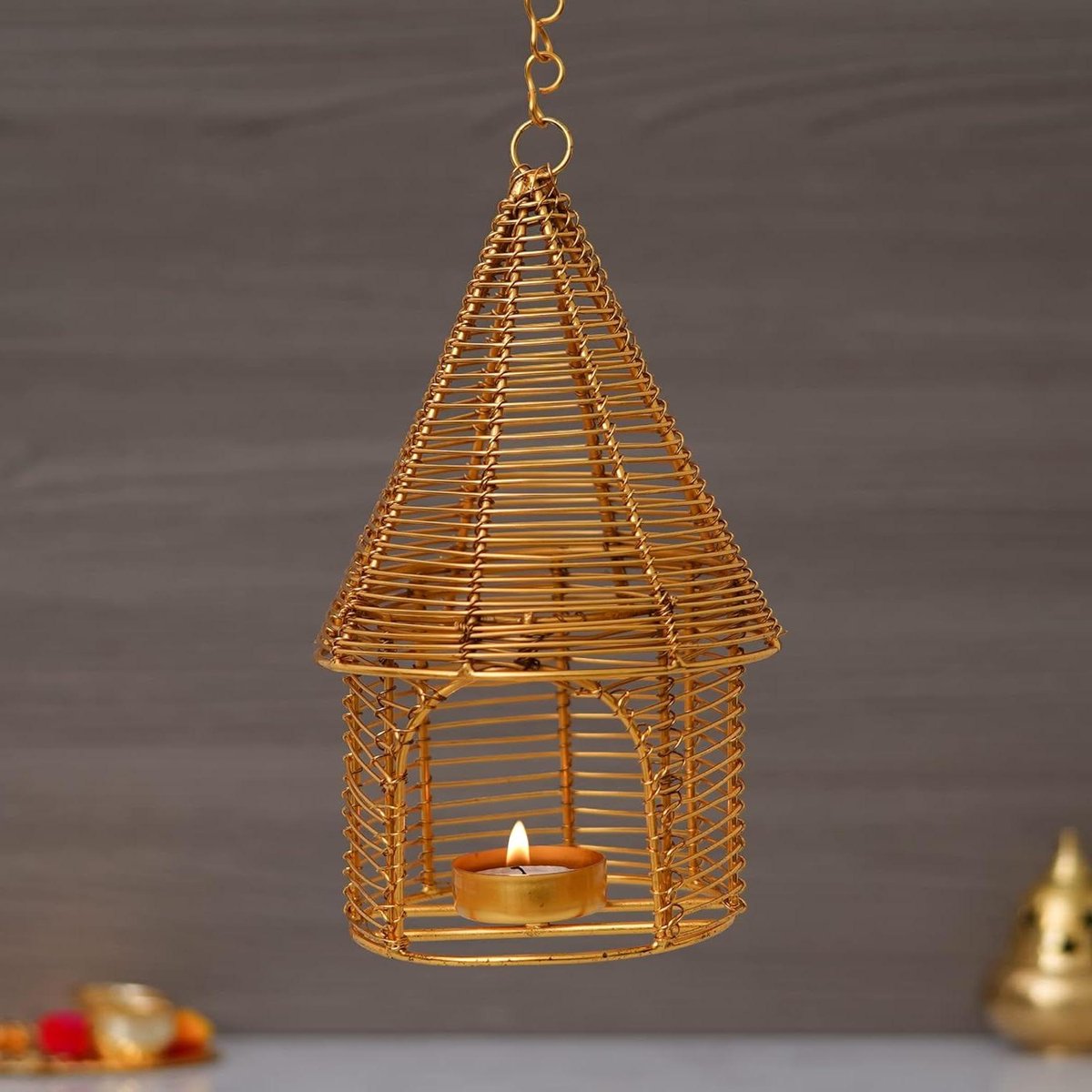 Vogelkooi Theelichthouder - Hangende Kandelaar - Sfeerverlichting Huis - Decoratief Vogelnest Design - 20 cm Hoogte - Goud