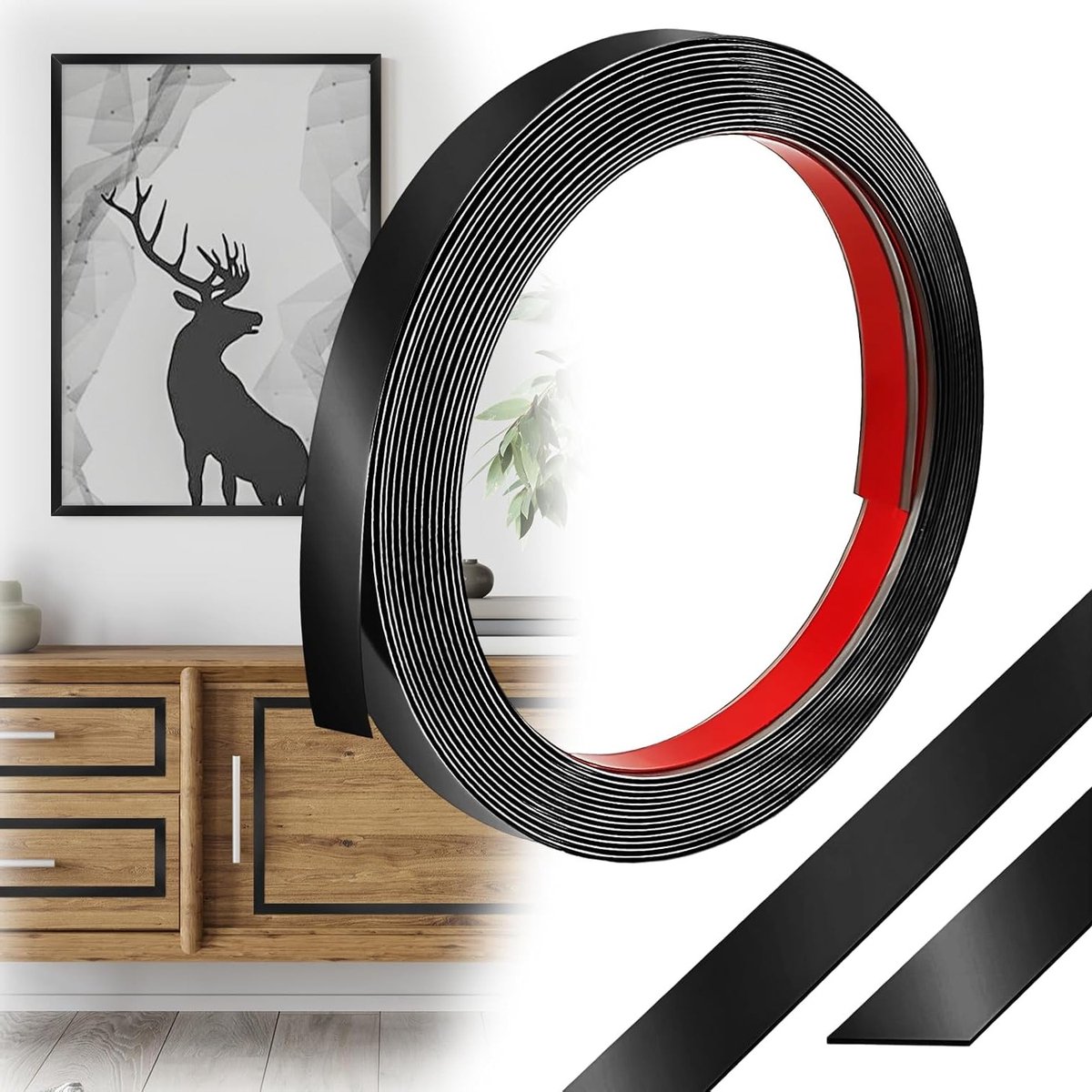 Zelfklevende Decoratieve Randbescherming, Flexibele Plakstrip voor Deuren, Ramen, Spiegels en Vloeren - 6 m Zwart, Ideaal voor Interieurdecoratie en Renovatie
