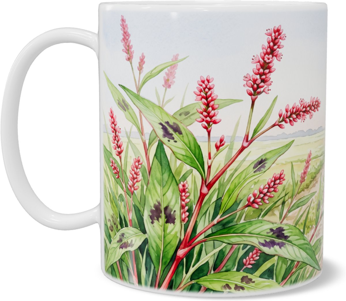 Mok perzikkruid Persicaria maculosa roze wilde bloemen bij zonsondergang aquarel