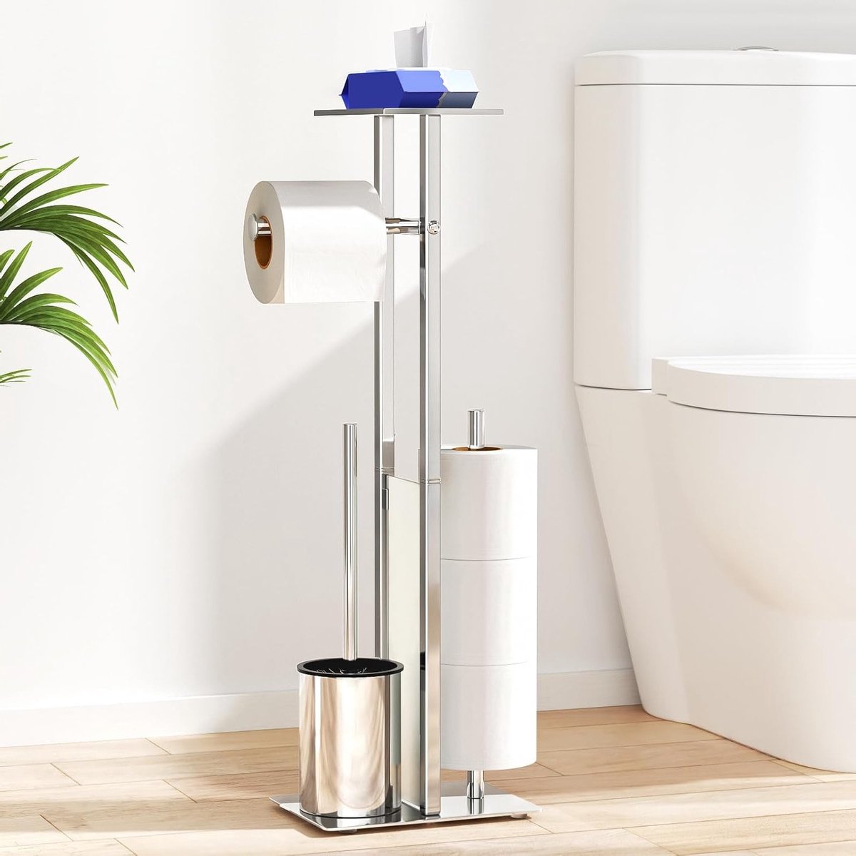 Toiletrolhouder met staande toiletborstel en vochtige doekjesbox - Compleet toiletset met toiletpapierhouder en borstel