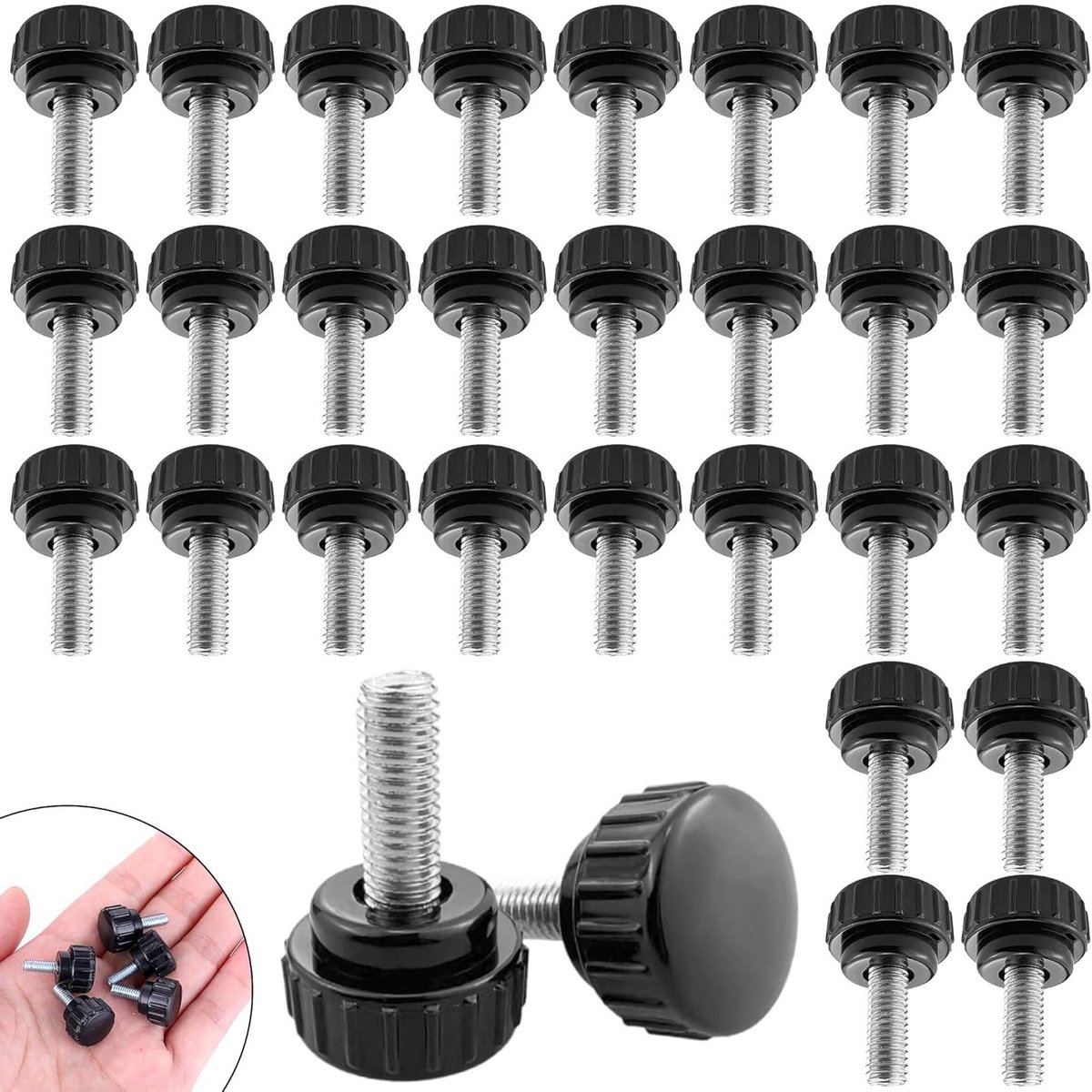 Set van 30 M3 Knurled Schroeven met Stervormige Grip, Carbon Staal, Zwart, Geschikt voor Machines met Opbergdoos