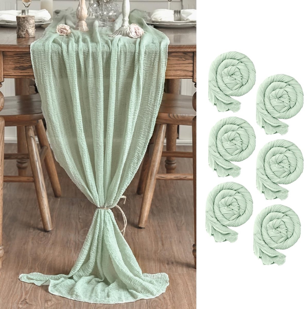 Dailygoods - Tafelloper Boho van Gaas 80 x 300 cm, 6 Stuks in Saliegroen