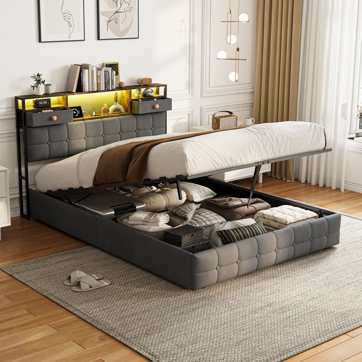 Solvenrik Opbergbed 160x200 Grijs Velvet – met LED, USB & Opbergruimte
