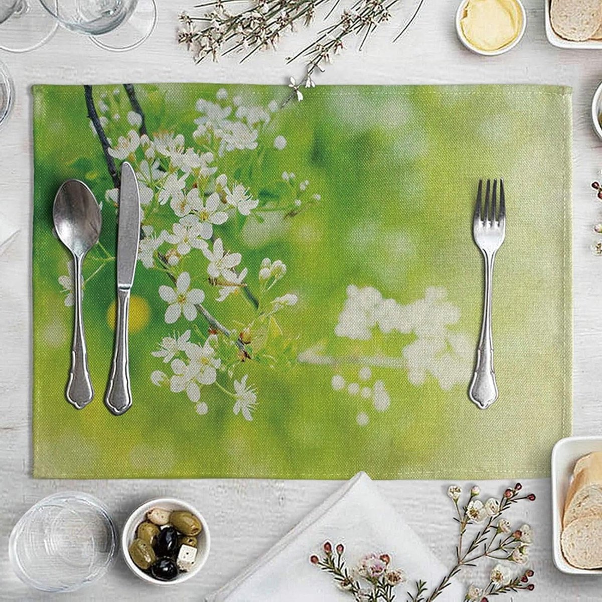 Placemats Set - Tafelonderleggers - Eettafel Decoratie - Machinewasbaar - 40 x 30 cm - Wit Groen